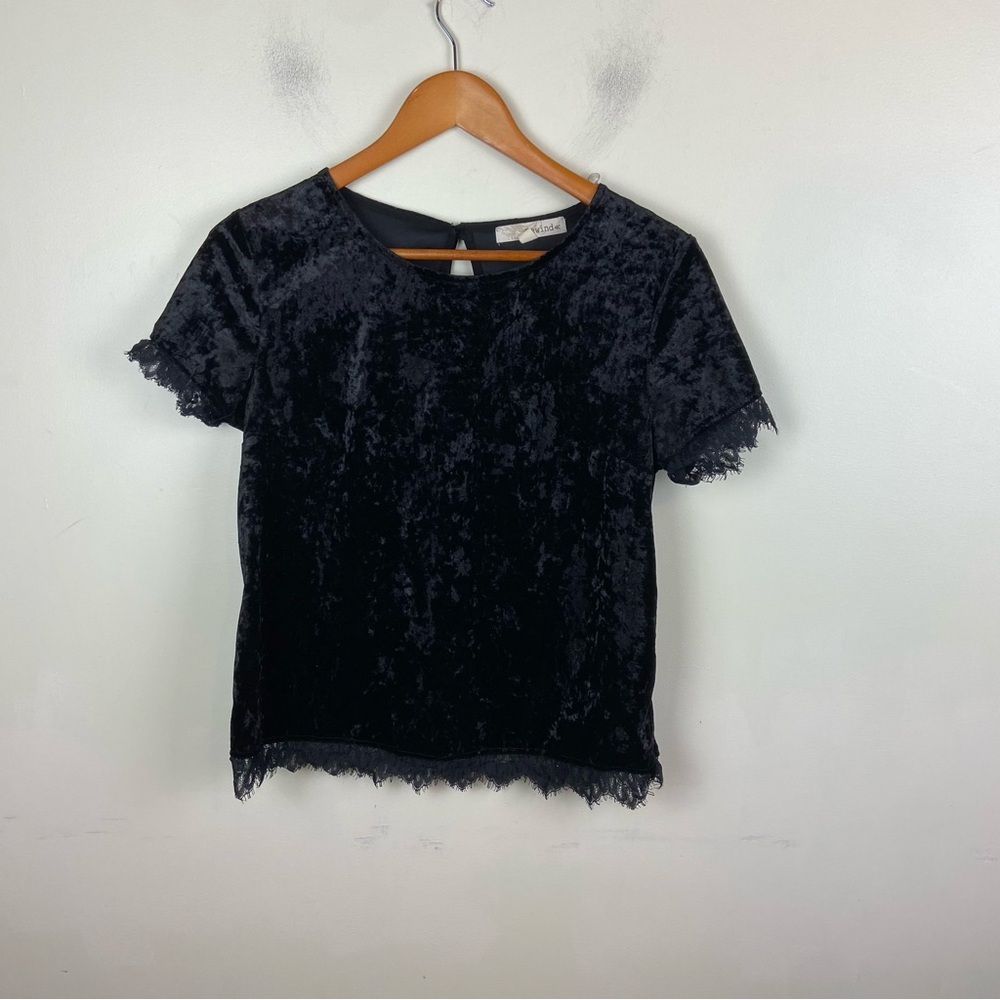 Rewind Black Crushed‎ Velvet Lace Hem Shirt Top Blouse Medium Whimsi Fairy